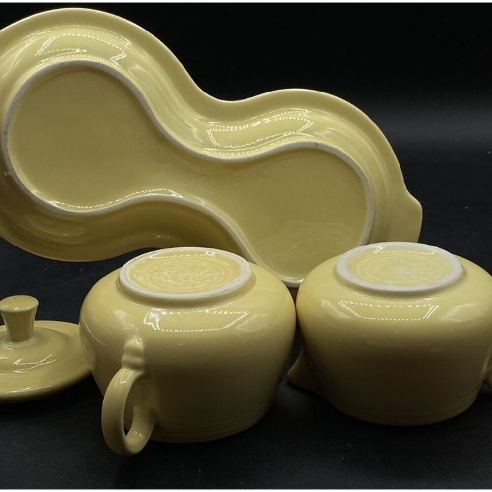 Fiesta Sugar Bowl & Creamer w Base Plate Set Sunflower Yellow - Picture 10 of 11